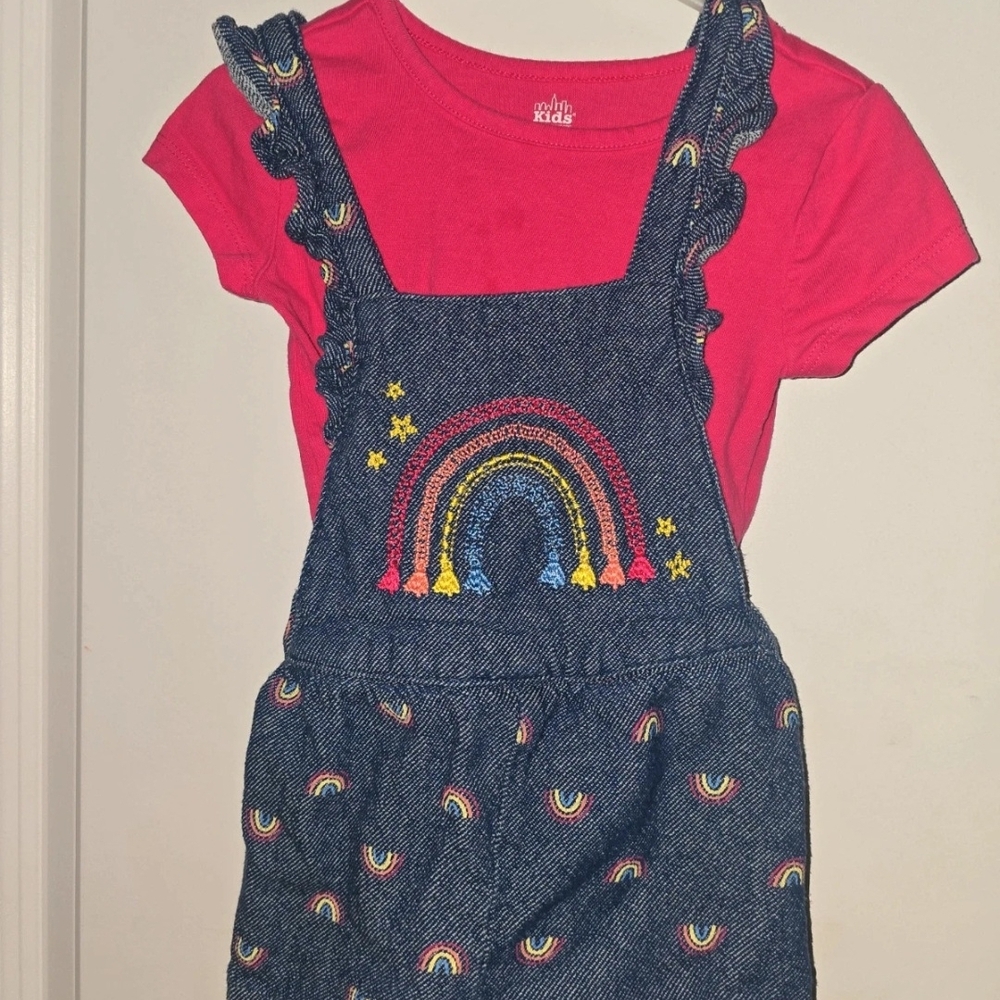 Kids Denim Rainbow Overall Dress with Pink Tee
